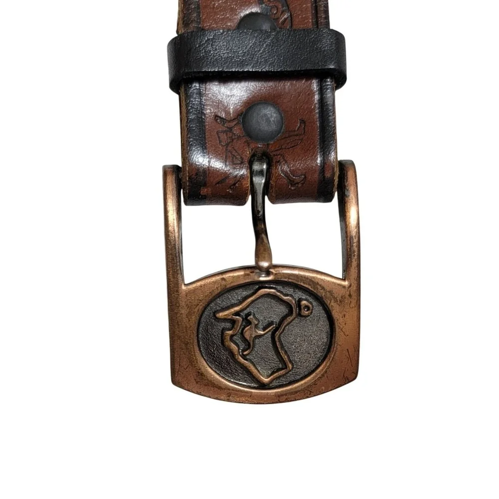 Australian Tooled Leather Belt Brown Copper Tone Buckle Sz 30 Boomerang Cangaroo
